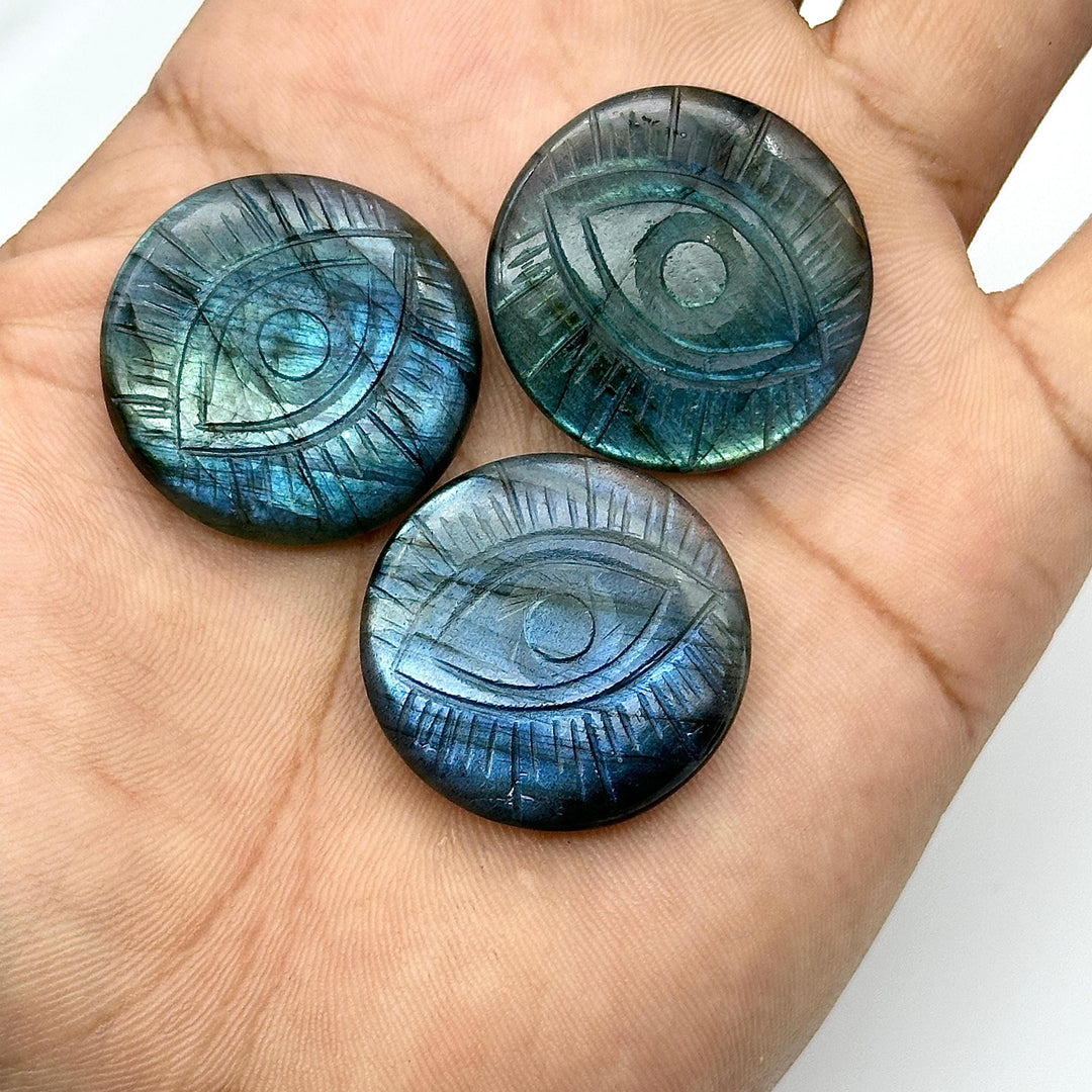 Natural Labradorite Evil Eye Shape Gemstone, Flashy Labradorite Hand Carved Stone Beads For Jewelry Making, 28 MM, Round Evil Eye Carving
