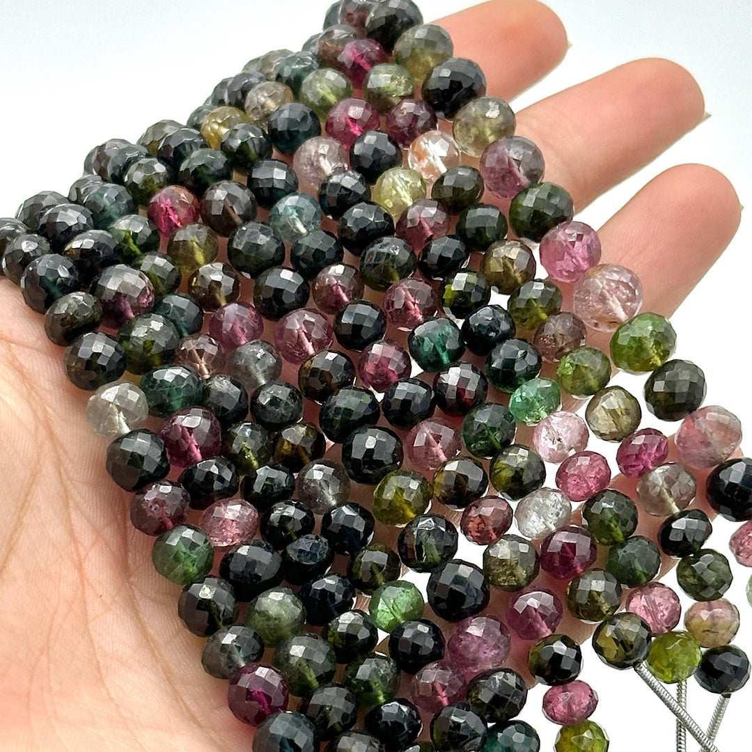 Dark Tourmaline Faceted Round Beads, Natural Multi Tourmaline Faceted Beads, 6 - 6.5 MM Mix Tourmaline Beads For Jewelry, 4 Inch Strand