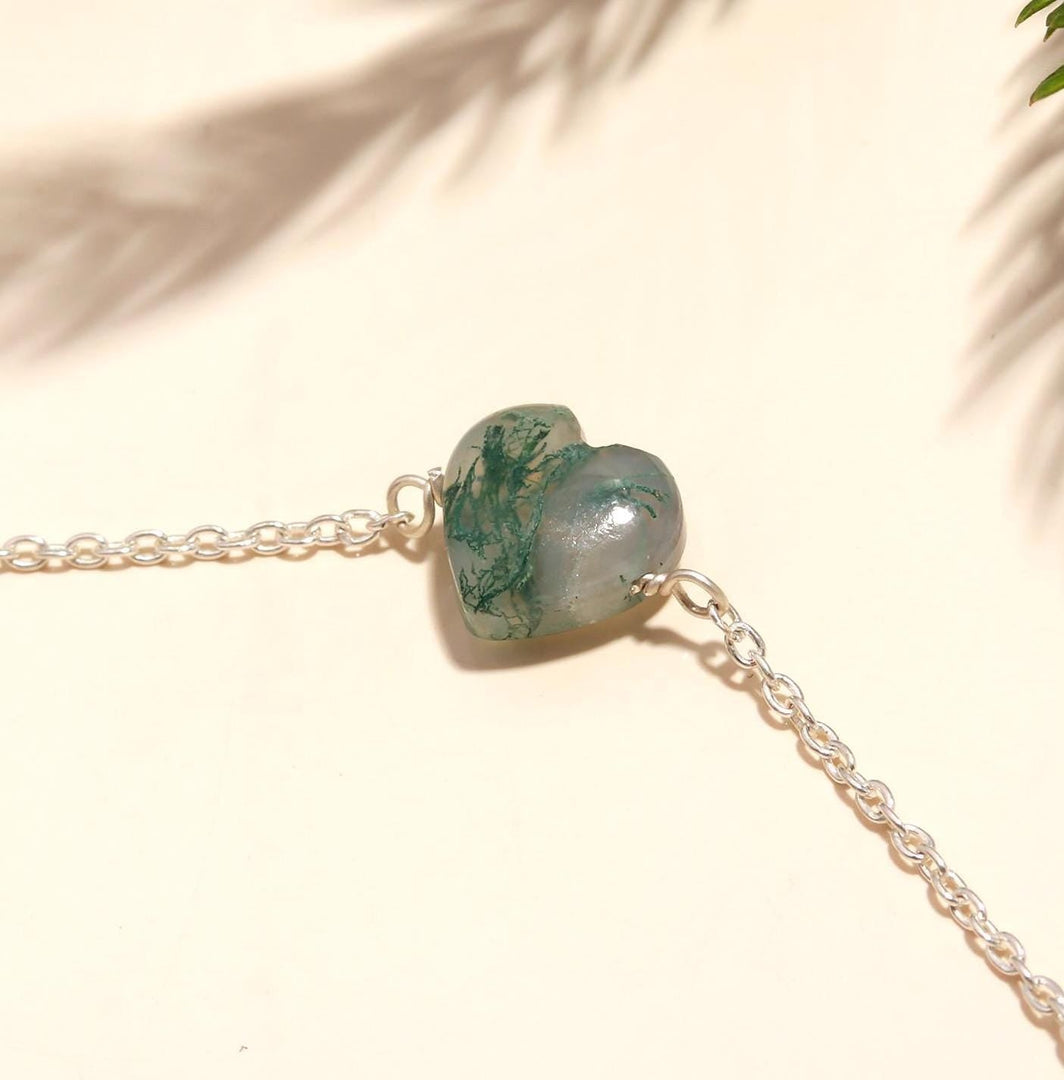 Natural Moss Agate Heart Beads Bracelet, Tree Agate Shape Heart Beads Bracelet, Girl's Gift Chain Bracelet, 925 Silver Gift for Her