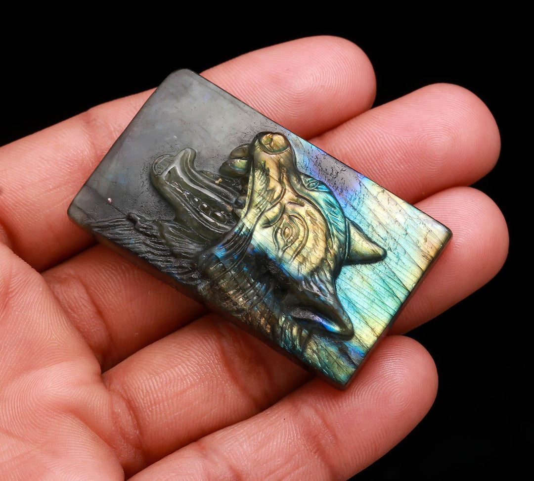 Flashy Labradorite Wolf Carving Gemstone, Labradorite Carved Wolf Shape Stone, Home Decor Ideas, Wolf Head, 1.9 Inch