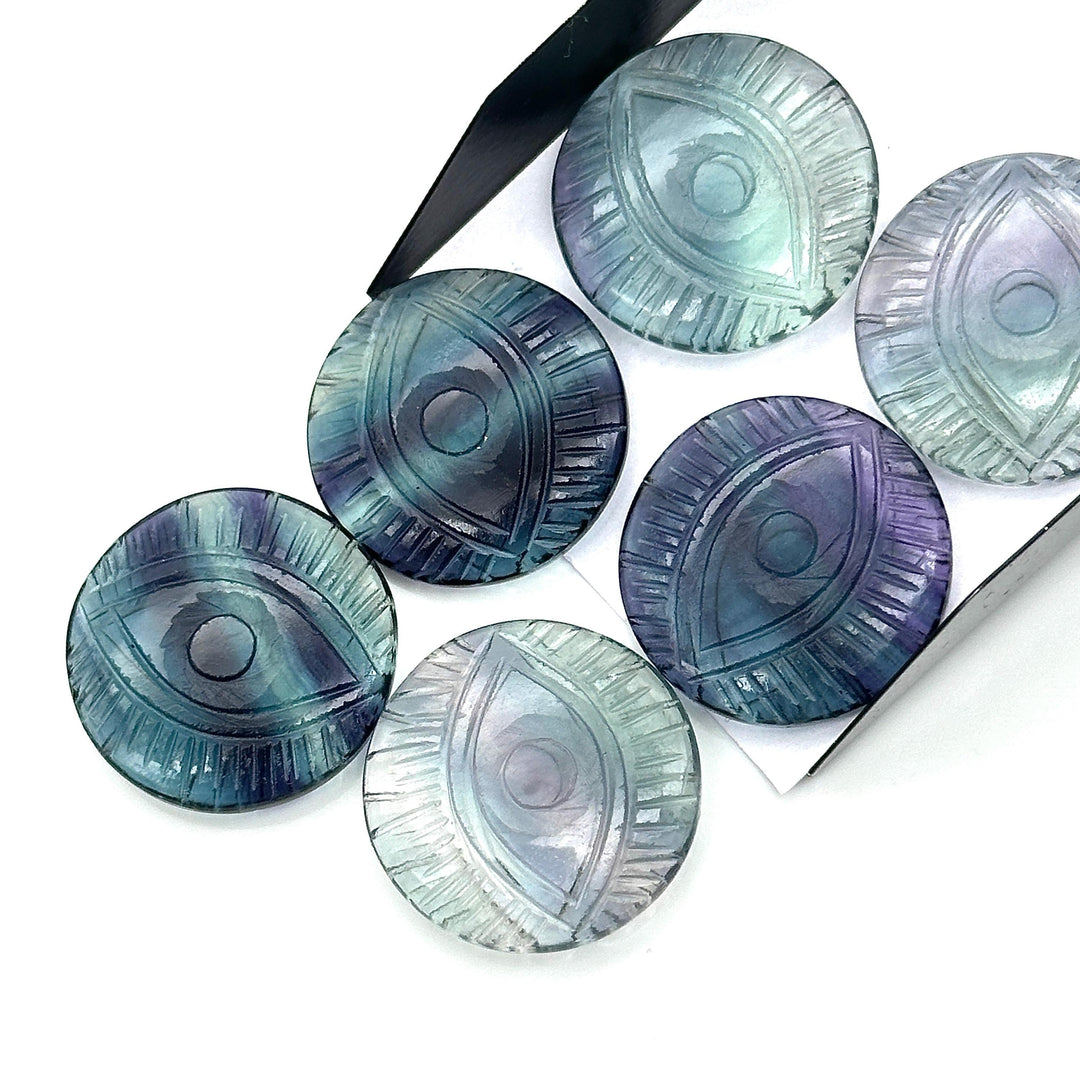 AAA Multi Fluorite Evil Eye Shape Stone, Natural Multi Fluorite Hand Carved Gemstones, 28 MM, Round Evil Eye Carving, Fluorite Charms