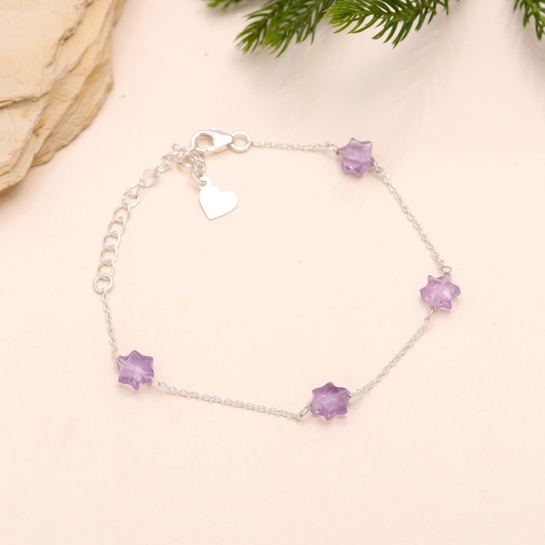 Natural Amethyst Star Beads Bracelet, February Birthstone, Amethyst Healing Star Beads Jewelry, 925 Silver Bracelet Fancy Bracelet for Girls