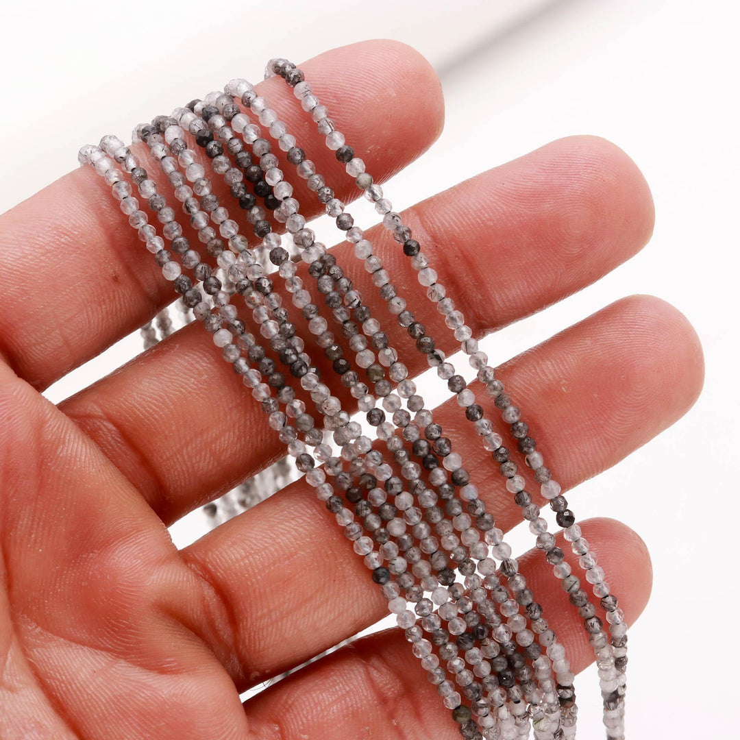Natural Black Rutile Round Beads, Black Rutile Faceted Micro Beads, 2 MM Beads for Jewelry Making, 13 Inches, Loose Faceted Beads