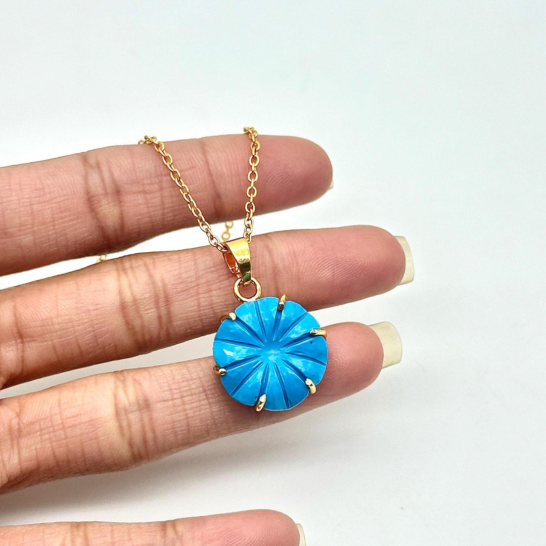 AAA Blue Turquoise Flower Pendant, Turquoise Hand Carved Flower Necklace, Flower Gemstone Necklace For Her, 17 mm Flower, Bridesmaid Gifts