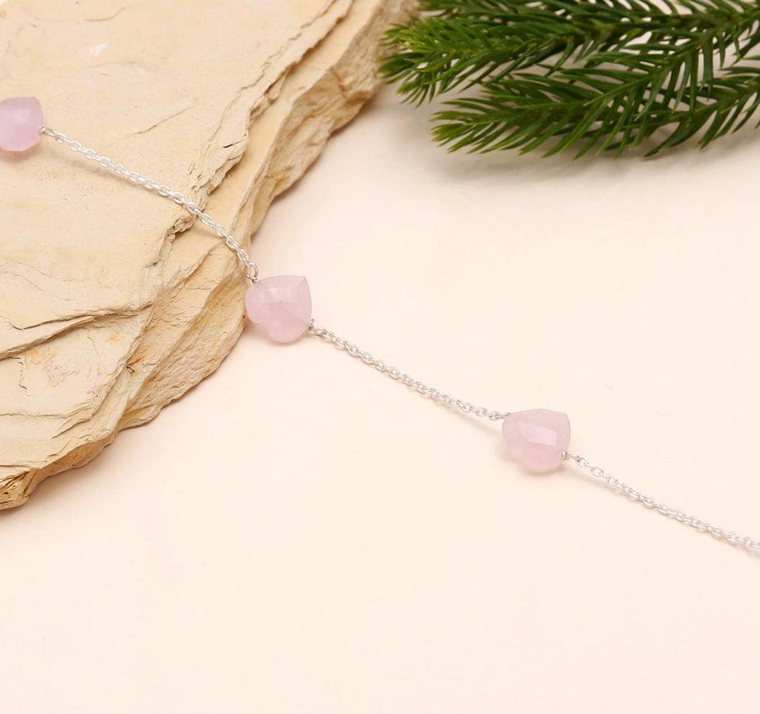 Rose Quartz Heart Bracelet: 925 Sterling Silver Chain, Handmade