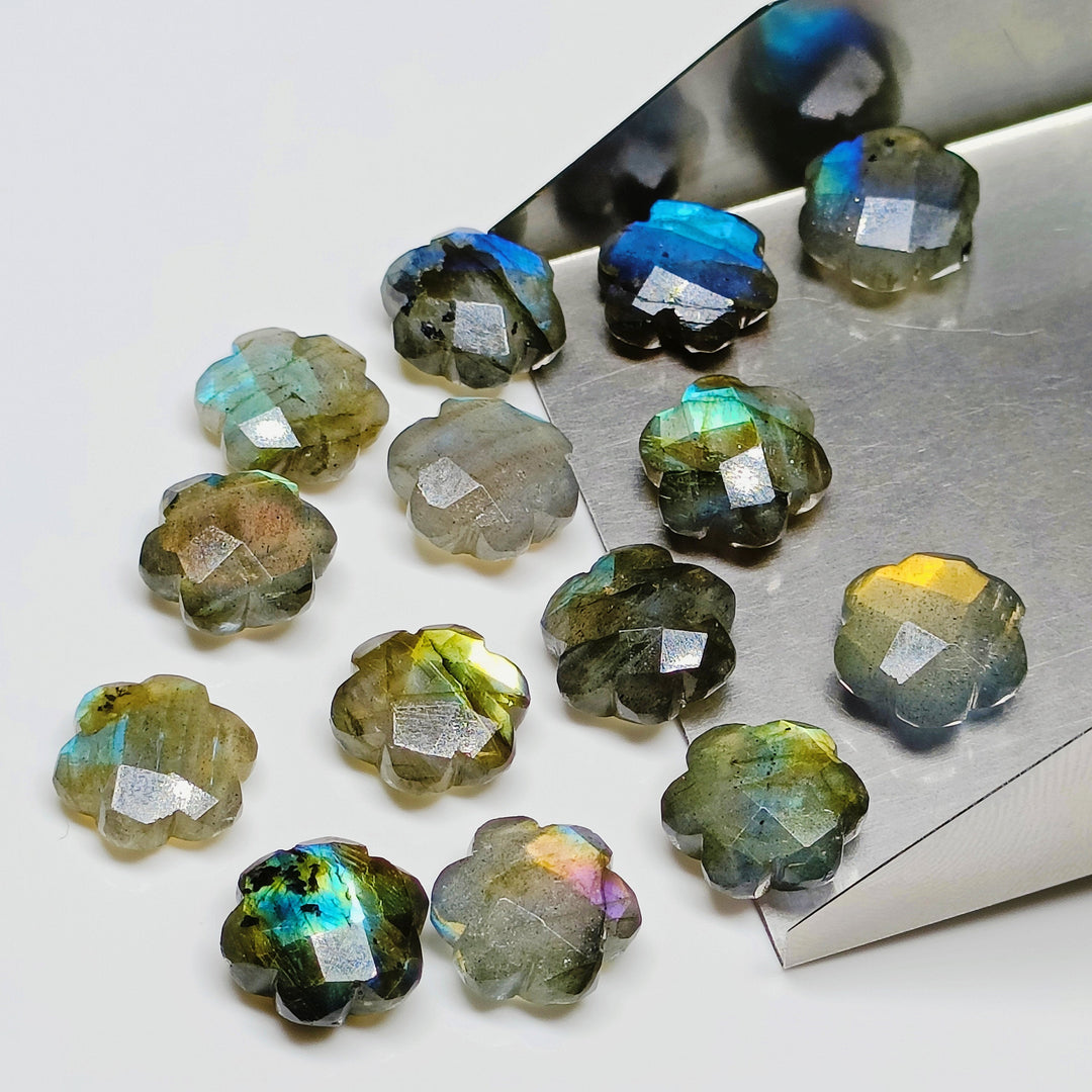 2,3,4,5 Pcs Natural Labradorite Hand Carved Flower Shape, Carved Flower Shape Gemstone For Jewellery, Flower Shape Gemstone, 10 mm