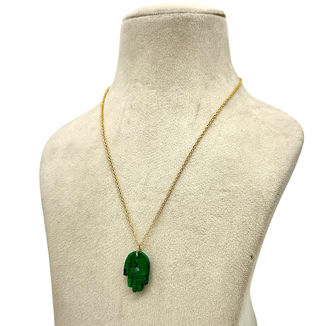 Amazing Malachite Hamsa Necklace, Hand Shape Gemstone Hamsa Necklace For Gift, Reiki Healing Jewelry, 25 MM Hand Necklace For Her
