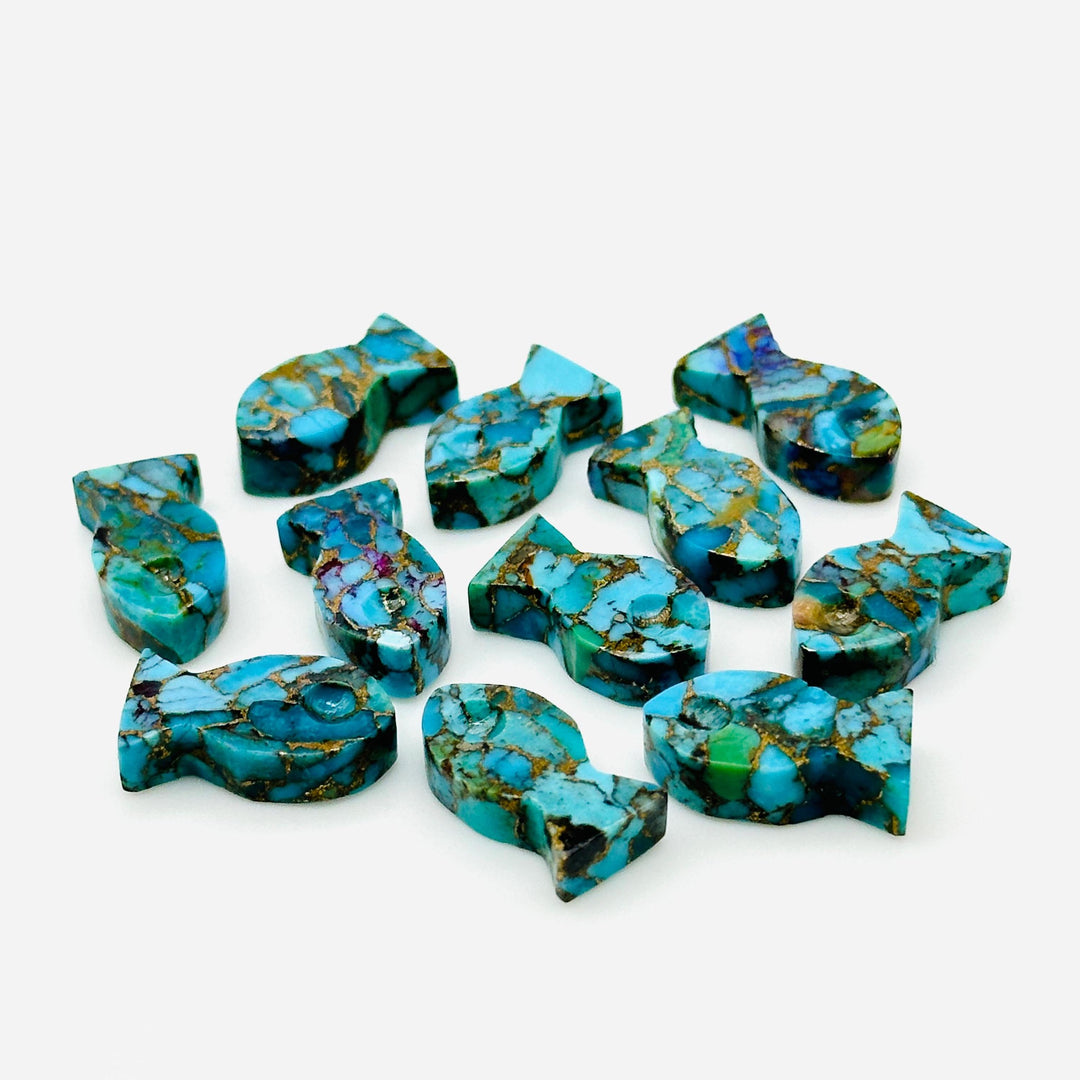 Carved Copper Turquoise Fish Charm: Loose Gemstone (7X14 MM)