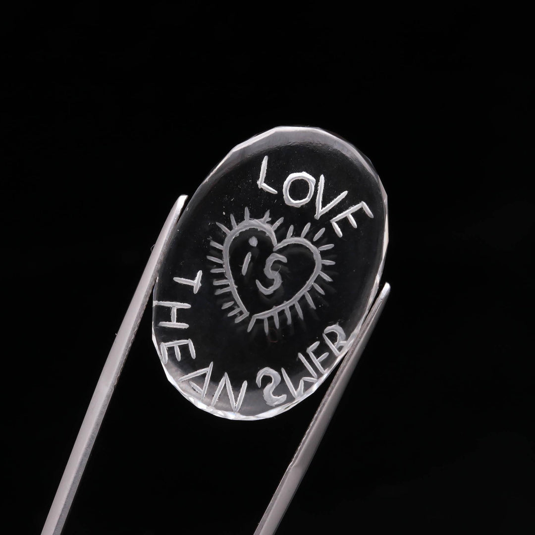 1 Pc Crystal Quartz Incarved Stone, Clear Crystal Love Is the Answer Handwritten Gemstone, 30 MM, Gift for love