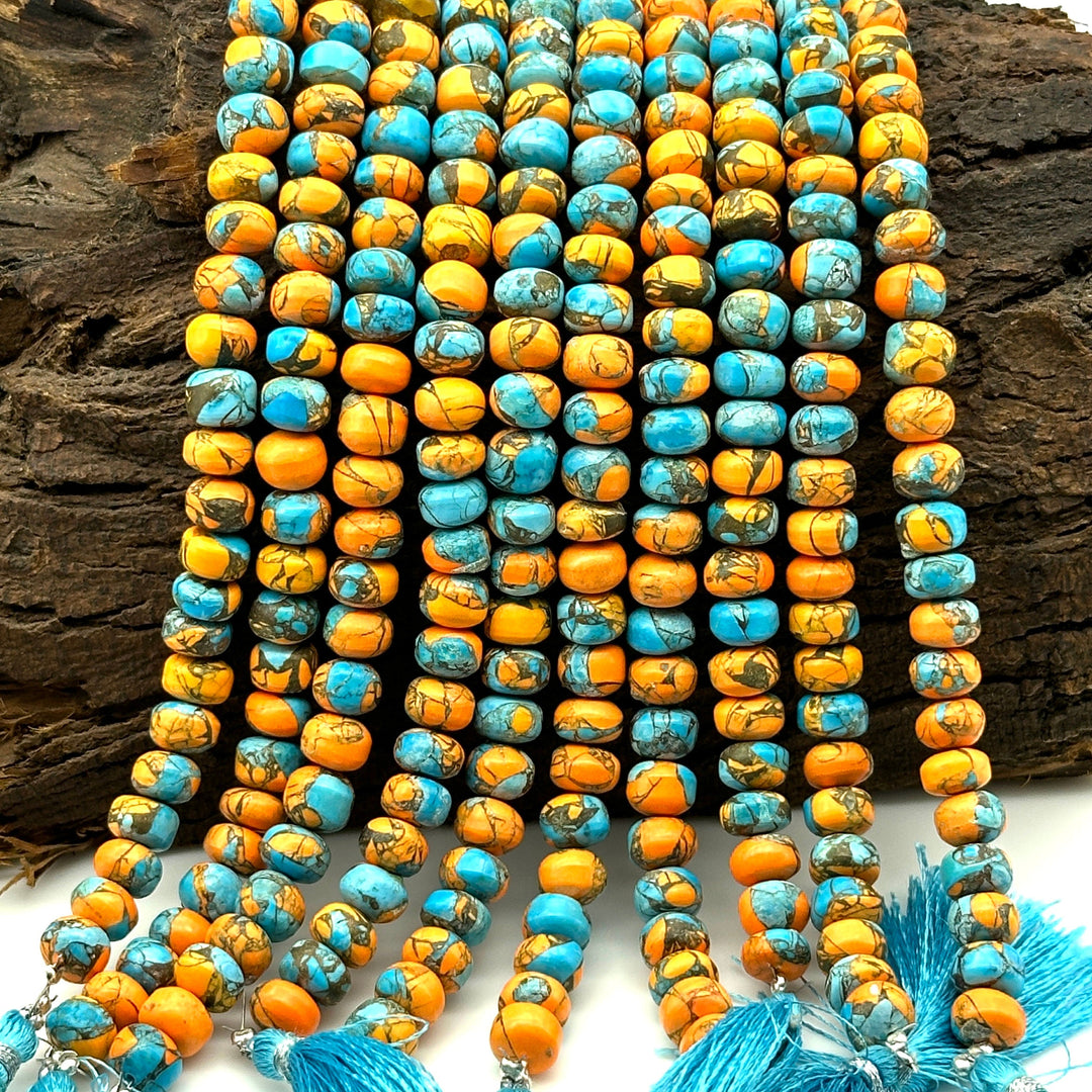 Excellent Quality Oyster Copper Turquoise Beads, Orange & Blue Copper Tuquoise Smooth Rondelle Beads, 8-10 mm, 4 Inch Line, Wholesale Beads