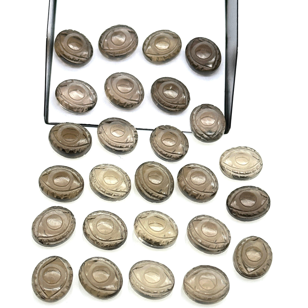 Natural Smokey Quartz Evil Eye Beads, Hand Carved Gemstone Beads, Loose Oval Eye Beads, Evil Eye Charm Beads, Loose Carving Beads 10X12 MM