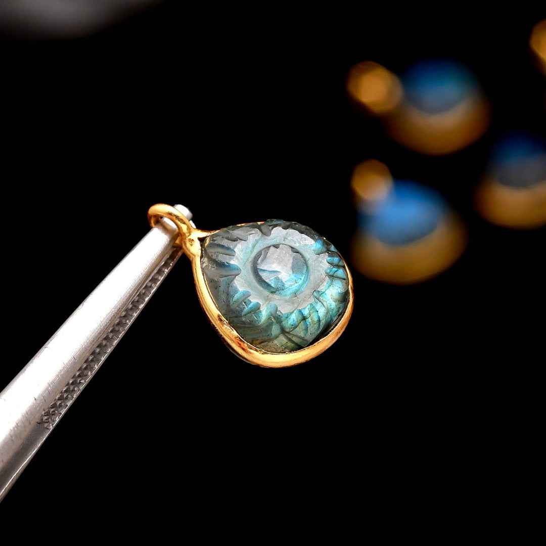 Flashy Labradorite Flower Heart shape pendant 17mm, 925 silver gold plated charm