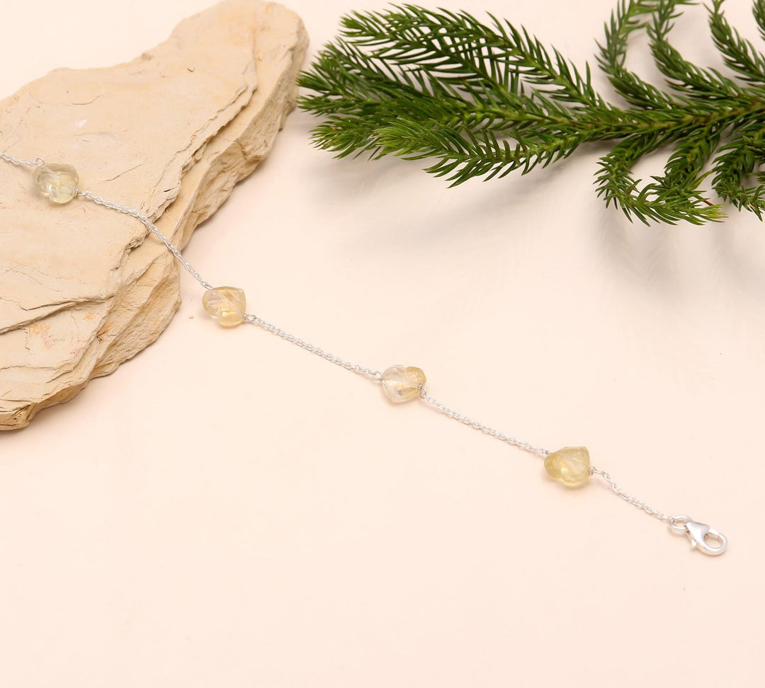 Natural Lemon Quartz Heart Shape Beads Bracelet, Lemon Quartz Heart Beads Bracelet, Girl's Gift Chain Bracelet, 925 Silver Gift for Her