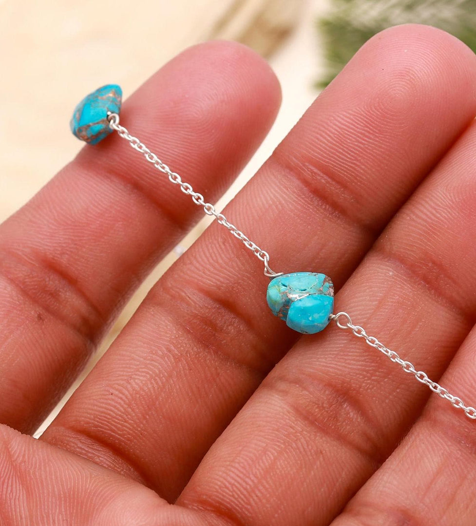 AAA Copper Turquoise Heart Beads Bracelet, Turquoise Heart Beads Bracelet, Women's Gift Chain Bracelet, 925 Silver Bracelet/Anklets