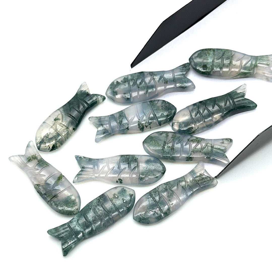 Natural Moss Agate Handmade Fish Carving, Fish Shape Carved Gemstone Briolette's, Chakra Healing Fish Beads, 10X30 MM Green Gemstone Fishes