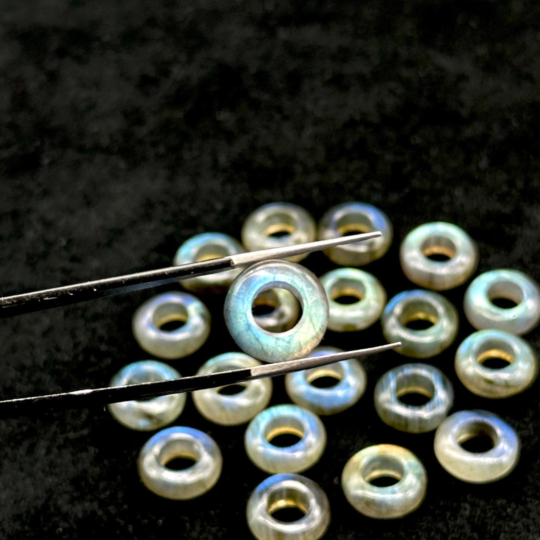 Labradorite Donut Gemstone Beads: 12mm Blue Fire Carved Jewelry
