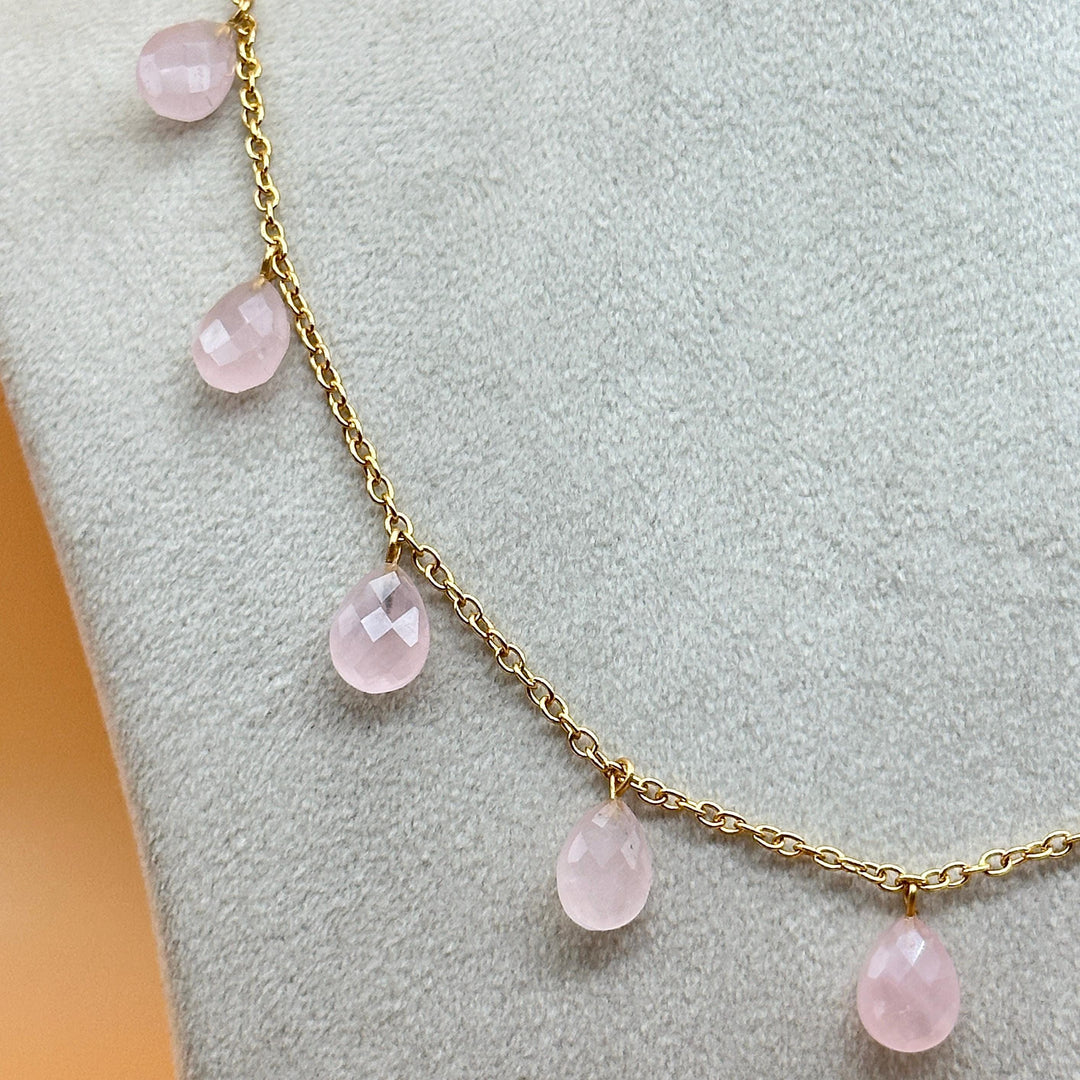Natural Rose Quartz Pear Beads Necklace, Faceted Drop Chain Necklace, Natural Gemstone Chain Jewelry, Meditation & Healing Beads Necklace