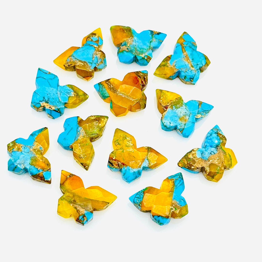 Sparkling Mohave Copper Turquoise Butterfly Shape Carving Beads, Faceted Butterfly Gemstone, Blue & Yellow Turquoise Carving Beads 14x10 MM