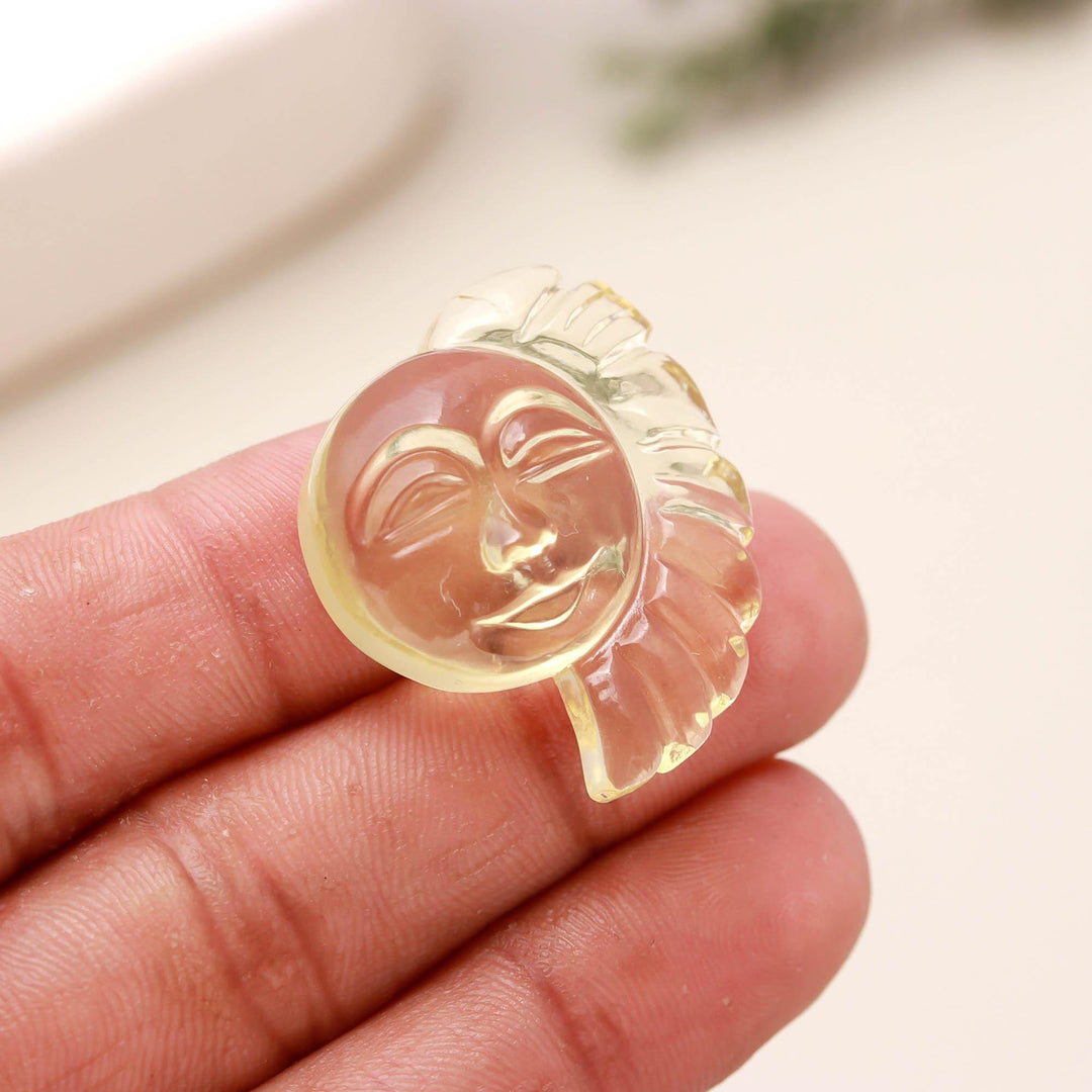 Natural Lemon Quartz Hand Carved Sun Face Gemstone, Home Decor Reiki Healing Crystal Gifts, 27X31 MM