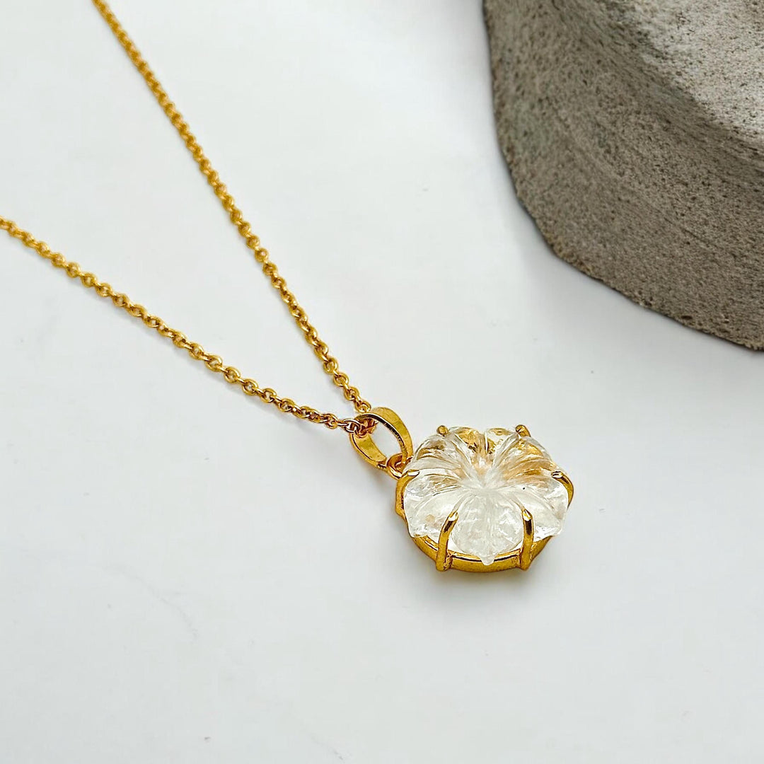 Natural Crystal Quartz Flower Pendant, Crystal Hand Carved Flower Necklace, Flower Gemstone Necklace For Her, 17 mm Flower, Bridesmaid Gifts