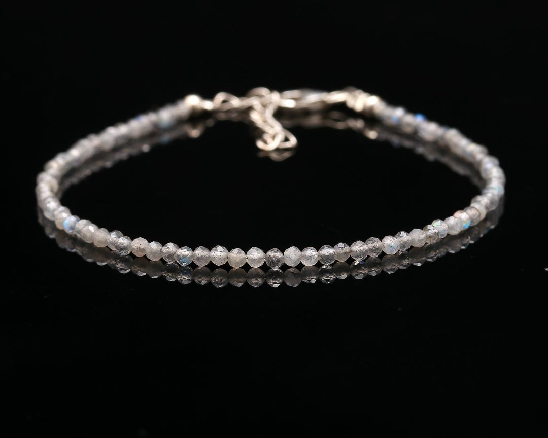 Natural Labradorite Beaded Bracelet, Faceted Labradorite Beads Bracelet, Gemstone Silver Bracelet/Anklet, Yoga & Meditation Bracelet, 2 MM