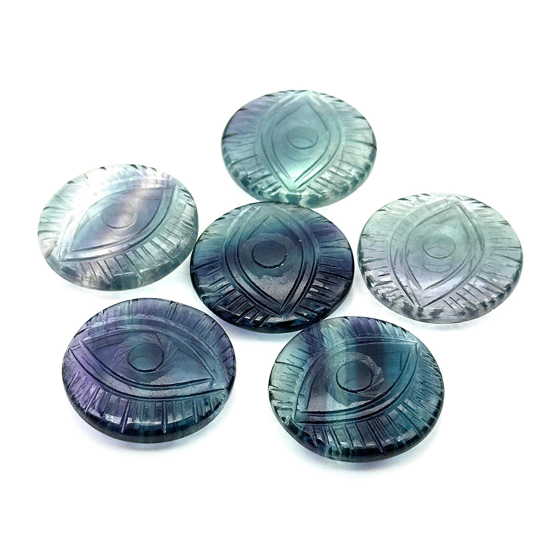 AAA Multi Fluorite Evil Eye Shape Stone, Natural Multi Fluorite Hand Carved Gemstones, 28 MM, Round Evil Eye Carving, Fluorite Charms