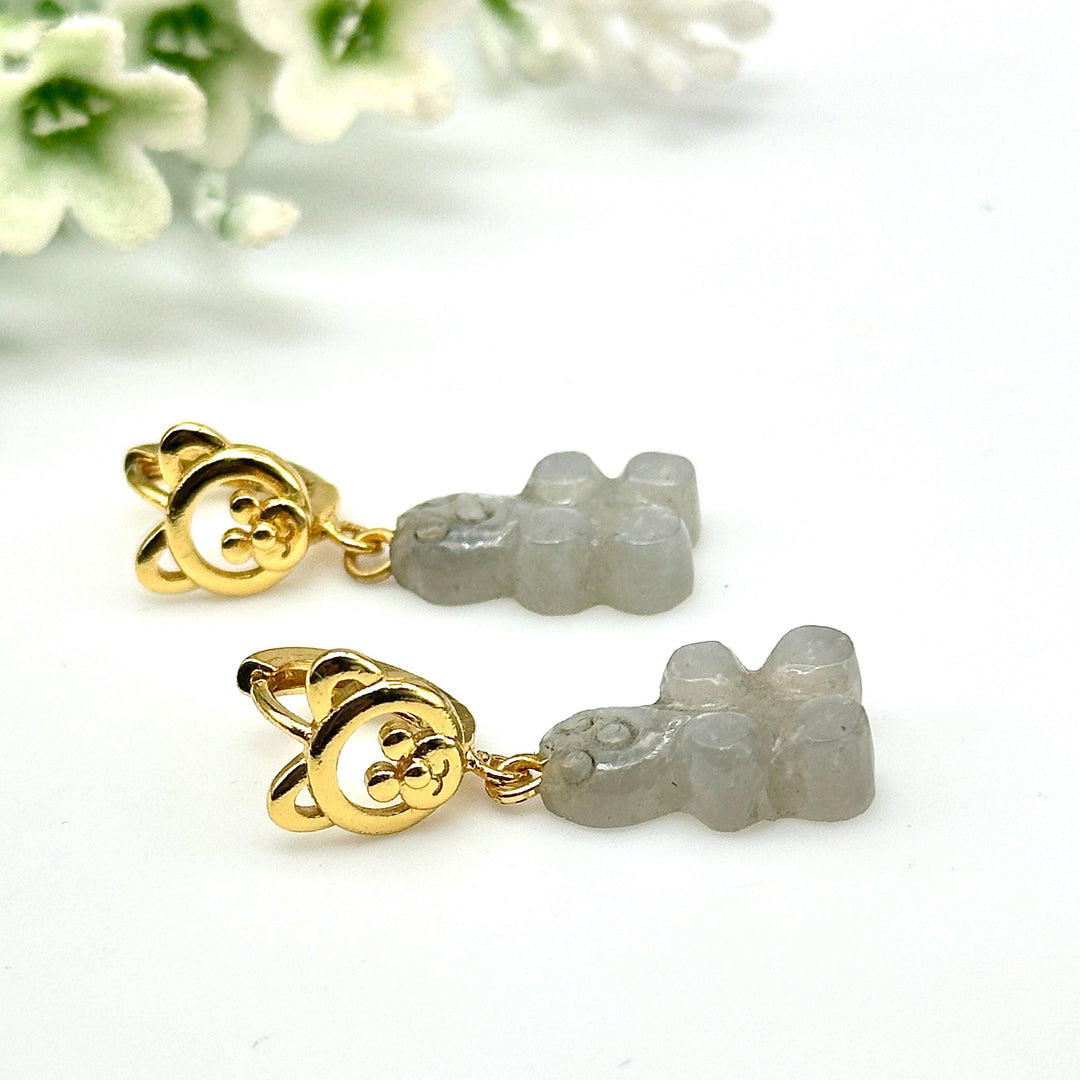 Gummy Bear Earrings, Grey Moonstone Carved Teddy Bear Earrings For Girls, Bridesmaid Gift, Anniversary Gift For Her, Handmade Jewelry