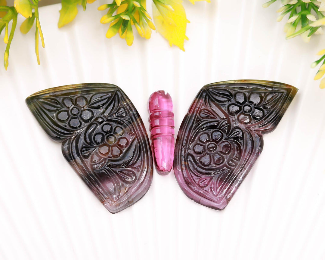 Carved Tourmaline Butterfly Cabochon: AAA Pink & Green Gemstone, 44mm