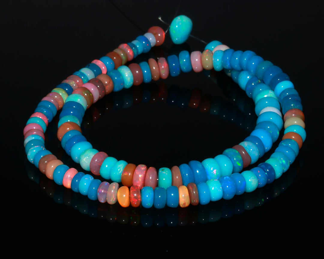 Multi Disco Ethiopian Opal Smooth Beads, AAA Multi Opal Rondelle Beads, Multi Rainbow Fire Beads, Loose Opal Beads, 6-8 MM, Blue & Pink Opal