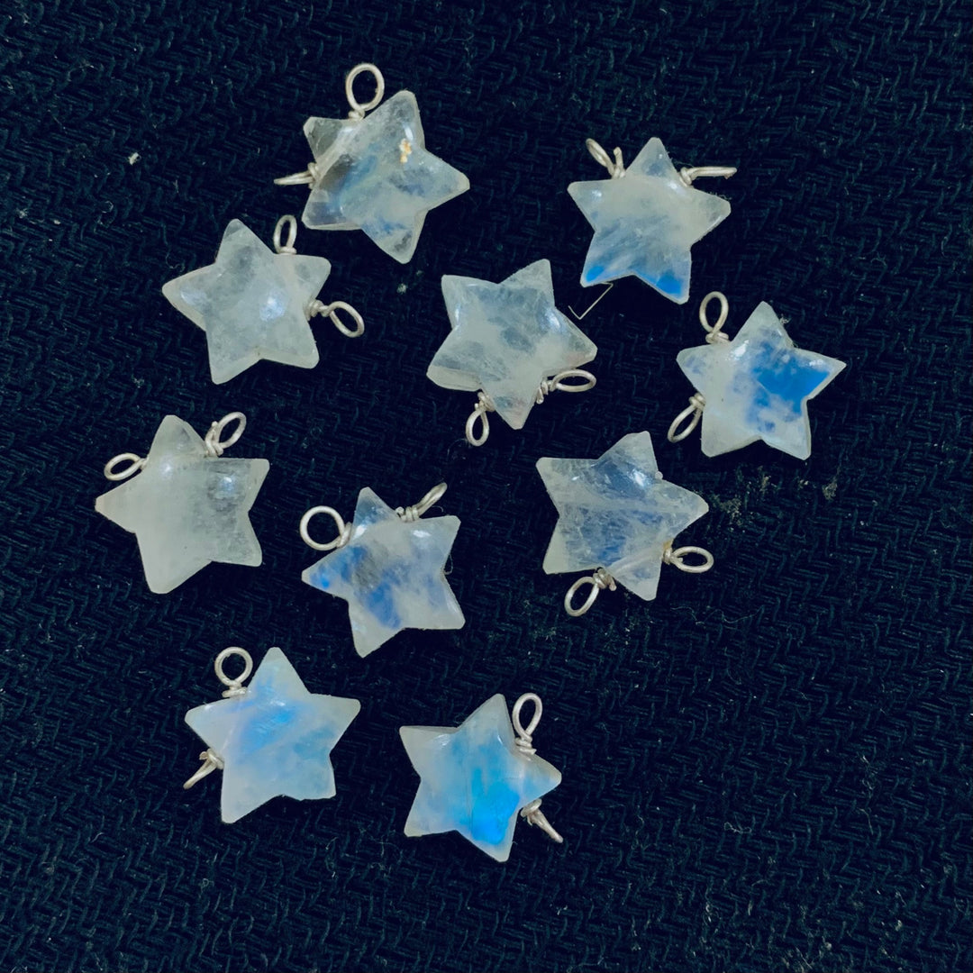 Natural Rainbow Moonstone Stars Shape Carved Gemstone Jewellery Making Charm With 925 Silver, Necklace Bracelet, Earrings Making Charms 10mm