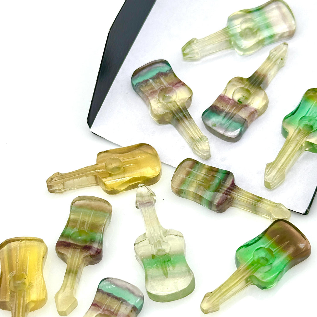 Rainbow Fluorite Guitar Shape Beads, Tiny Fluorite Guitar Shape Hand Carved Gemstone, 26 MM, Miniature Guitar Gemstone, Tiny Charms
