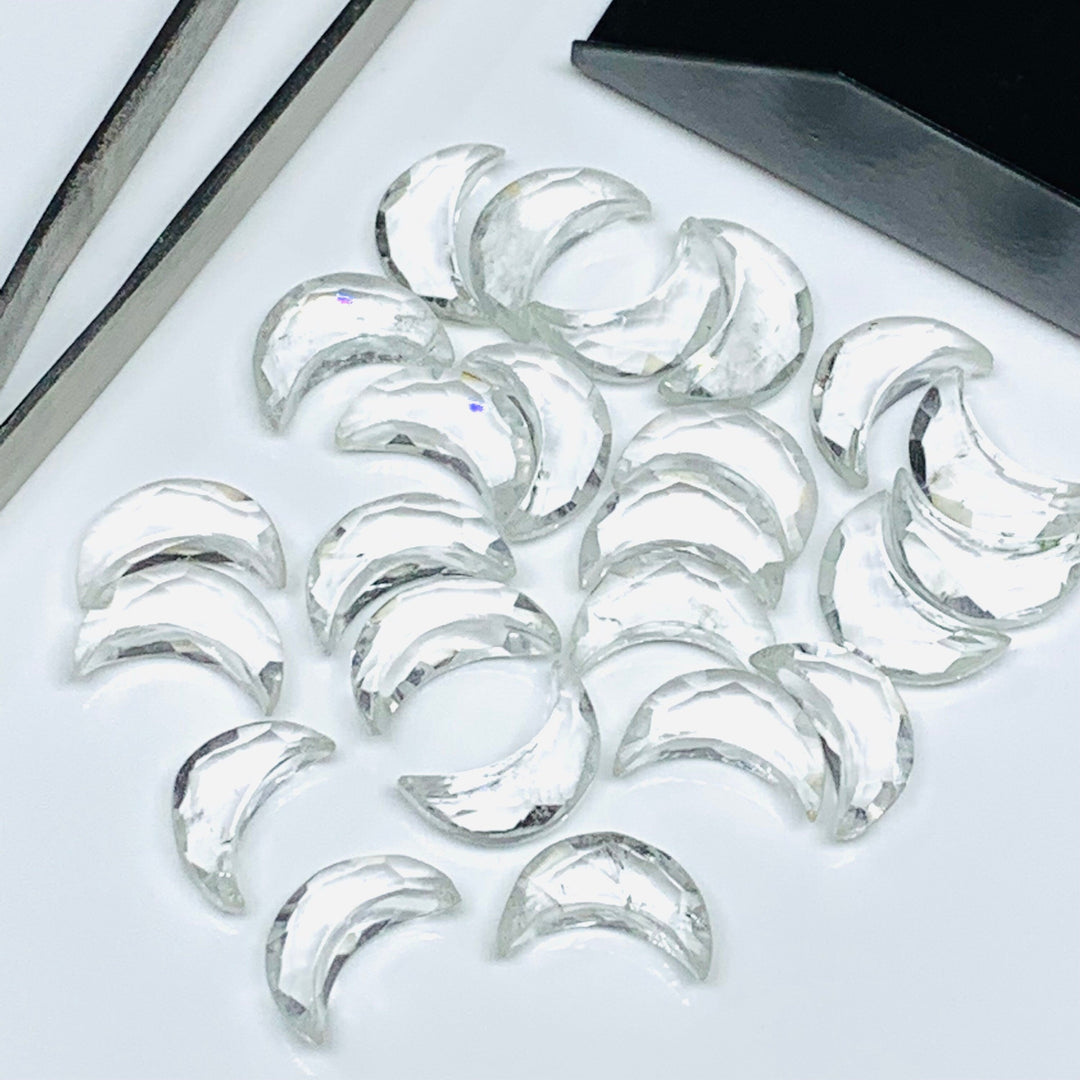 Faceted Crystal Quartz Moon Beads: Carved Gemstone Celestials (12mm)