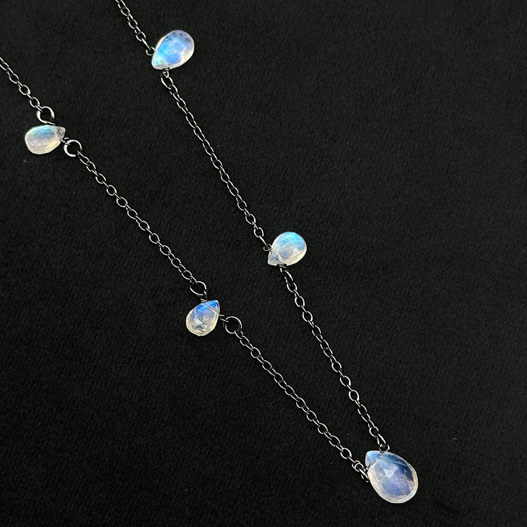 Pretty Rainbow Moonstone Pear Necklace, Blue Flashy Faceted Pear Chain Necklace, Black Rhodium Plating Necklace For Girls, Gift For Her