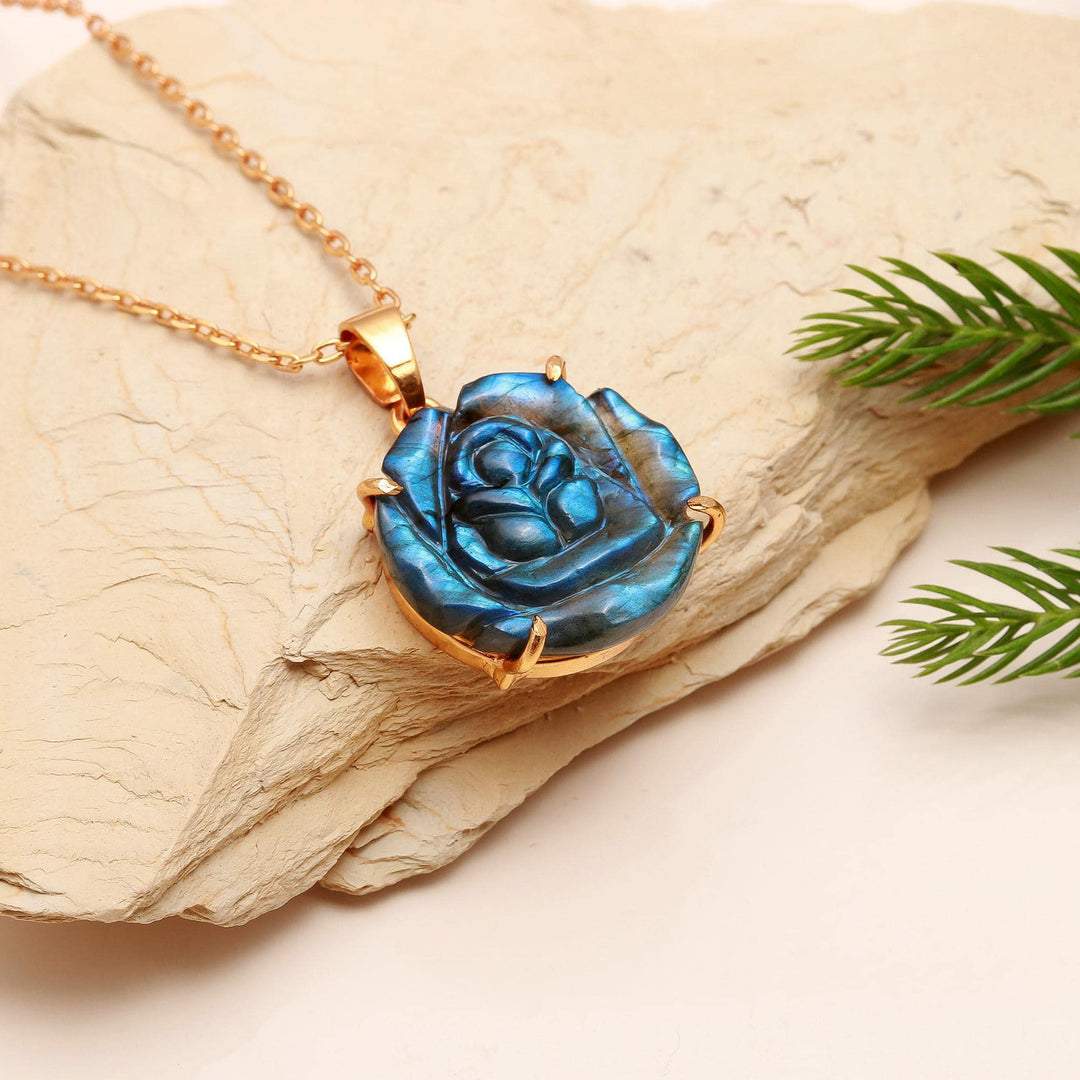 Carved Labradorite Flower Pendant, 19 mm Flower, Handmade Rose Flower Pendant, Healing Energy Gemstone Necklace For Her, Bridesmaid Gifts