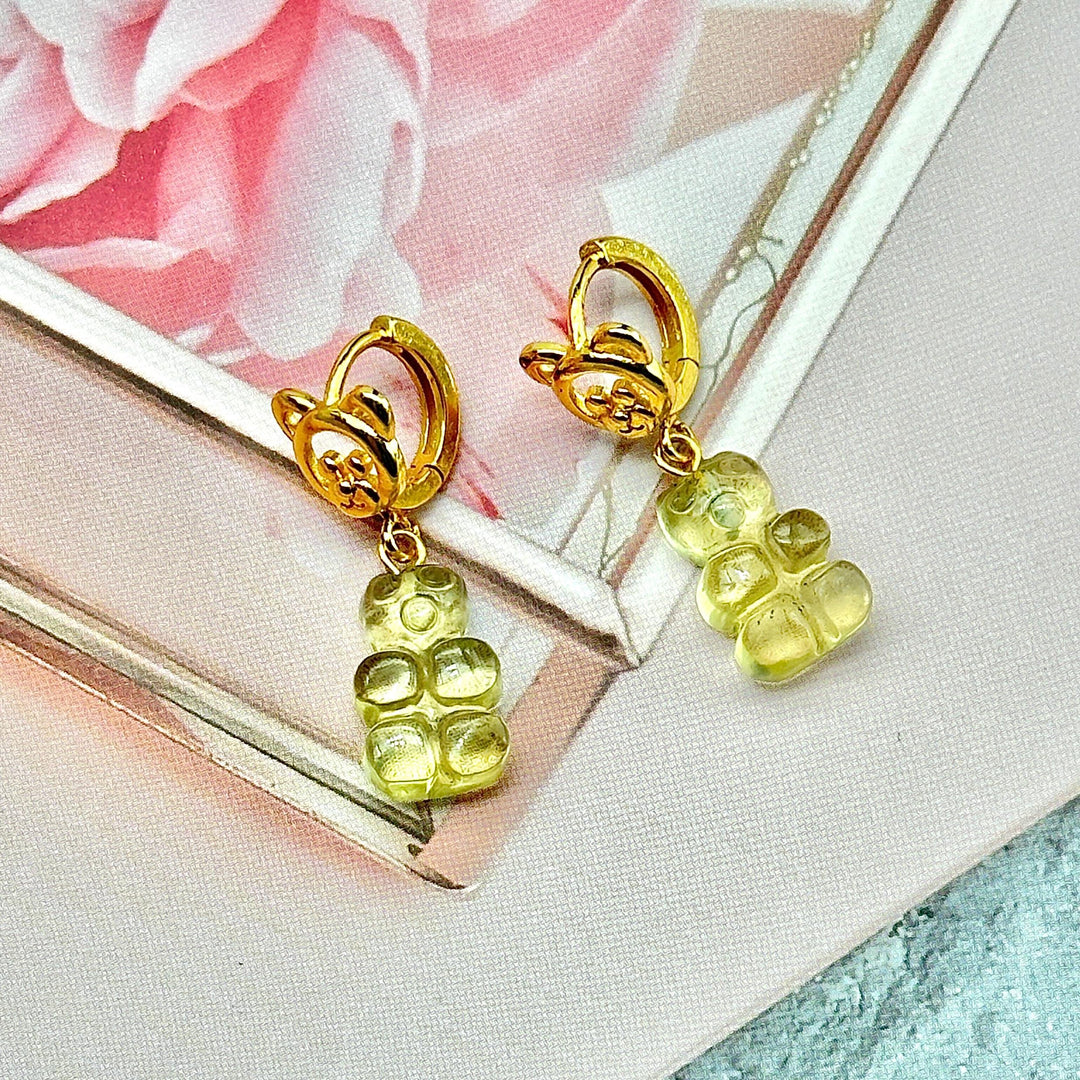 Cute Teddy Bear Earrings, Lemon Quartz Carved Gummy Bear Earrings For Girls, Bridesmaid Gift, Anniversary Gift For Her, Handmade Jewelry