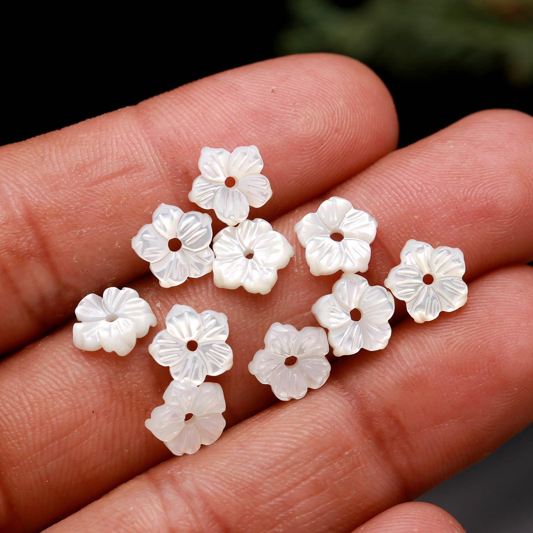Cute Tiny Pearl Flower for Jewelry Making, Mother of Pearl Flower Shape Carving, Pearl Flowers, Natural Gemstones 8 MM Center Hole Bead 1pc