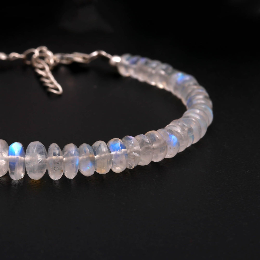 Rainbow Moonstone Beads Bracelet, Natural Blue Flash Smooth Beads Bracelet, White Rainbow Bracelet, Gemstone Silver Anklet For Girls