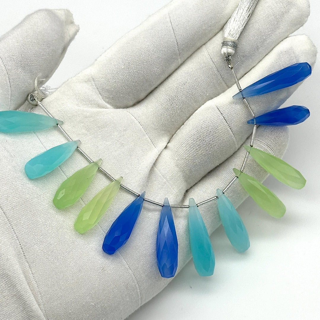 Matched Pairs - Blue, Green & Aqua Chalcedony Long Drop Shape Briolette's, Faceted Teardrop Beads, 7X30 mm Drops Beads For Earring Making