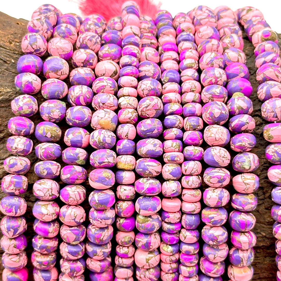 Purple Pink Copper Turquoise Beads, Copper Tuquoise Smooth Rondelle Beads, 8-10 mm, 4 Inch Line, Wholesale Beads, Jewelry Making Beads