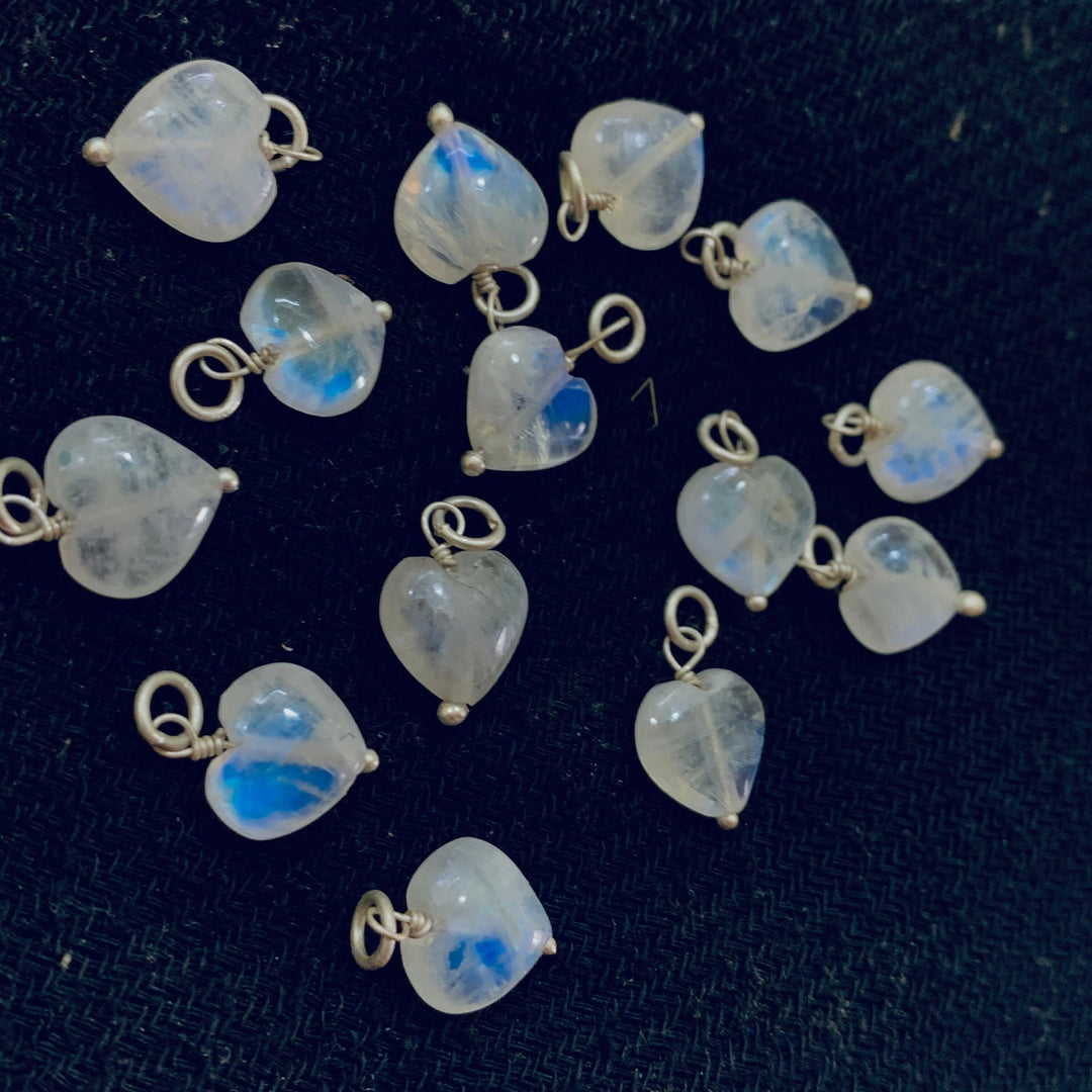 5 pcs Natural Rainbow Moonstone Heart Shape Carved Gemstone Jewellery Making Charm With 925 Silver, Necklace , Earrings Making Charms 10mm