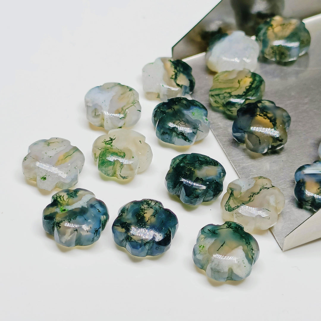 2,3,4,5 Pcs Natural Moss Agate Hand Carved Flower Shape, Carved Flower Shape Gemstone For Jewellery, Flower Shape Gemstone, 10 mm