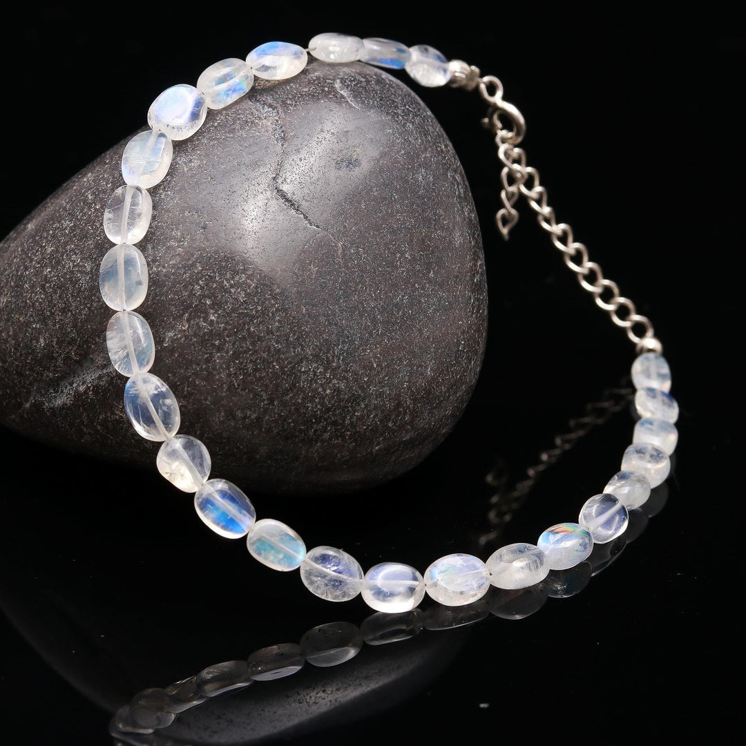 Flashy Rainbow Moonstone Oval Beads Bracelet, Smooth Oval Beads Bracelet, 6 MM Blue Flash Beads Bracelet, Emotional Balancing Stone Bracelet