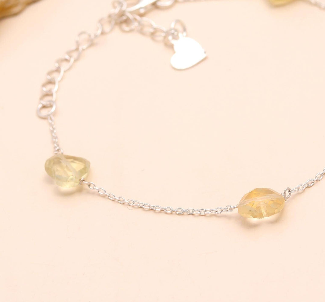 Natural Lemon Quartz Heart Shape Beads Bracelet, Lemon Quartz Heart Beads Bracelet, Girl's Gift Chain Bracelet, 925 Silver Gift for Her