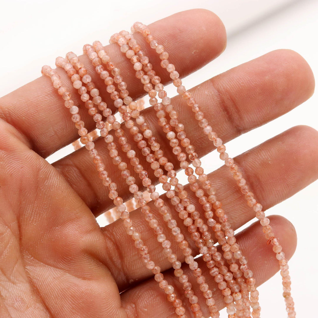 Natural Sunstone Round Beads, Natural Red Sunstone Micro Faceted Beads, 2 MM Beads for Jewelry, 13 Inches, Wholesale Beads, Necklace Making