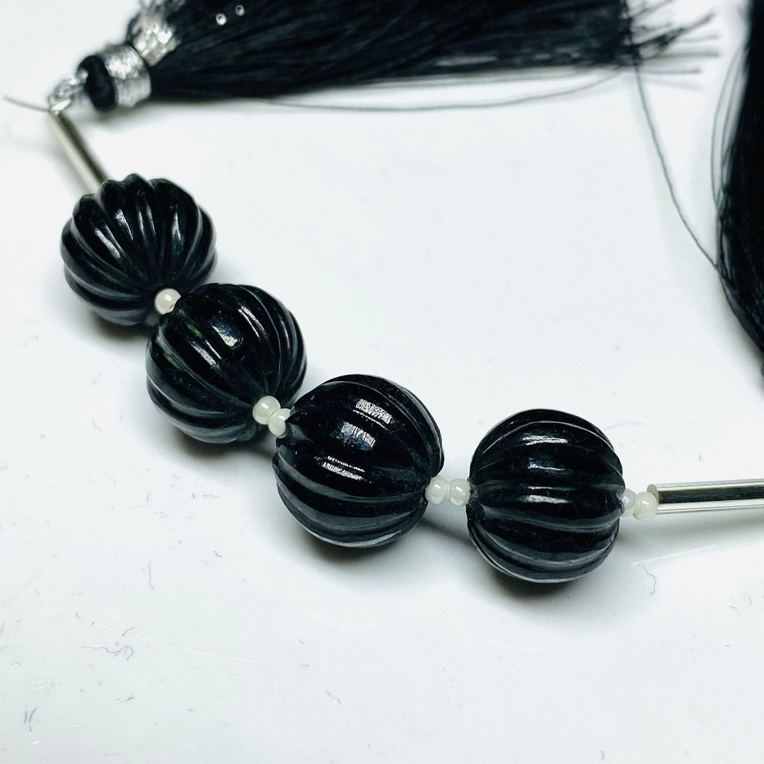 1,2,3,4,5 pcs 100% Natural Black Spinel Carved Melon Shape Beads Strand, Melon Shape Gemstone, Gemstone For Jewellery, 12 mm