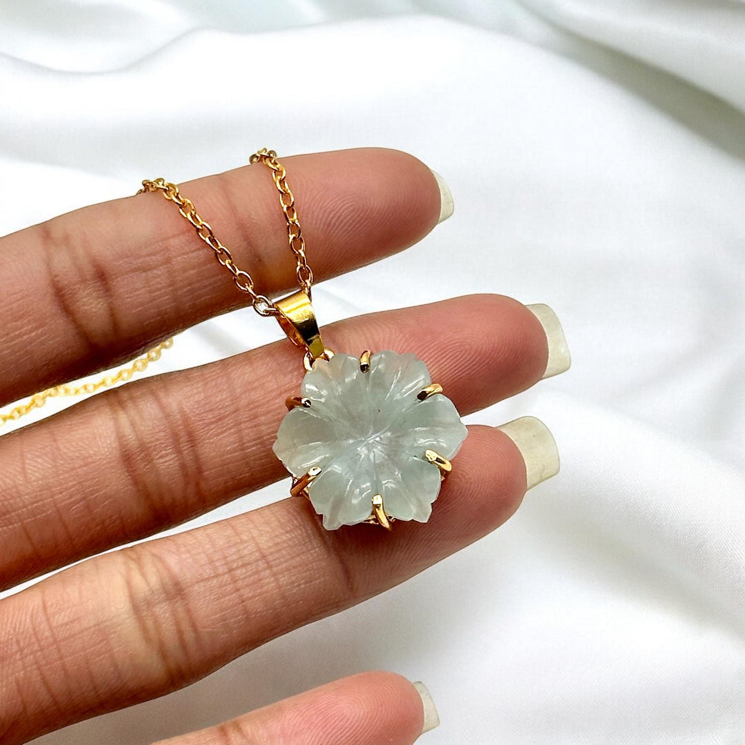Natural Carved Aquamarine Flower Pendant, Carved Aqua Flower Necklace For Her, 19mm Flower, Soothing Stone Necklace for Her Healing Necklace