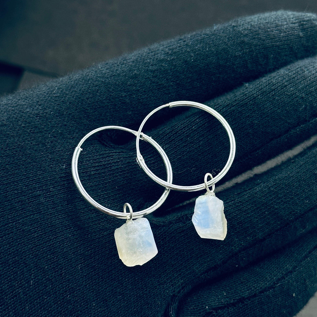 Flashy Rainbow Moonstone Hoop Earings, Natural Rough Rainbow Moonstone Earrings, Raw Gemstone Earrings, Large Hoop Earrings For Gift