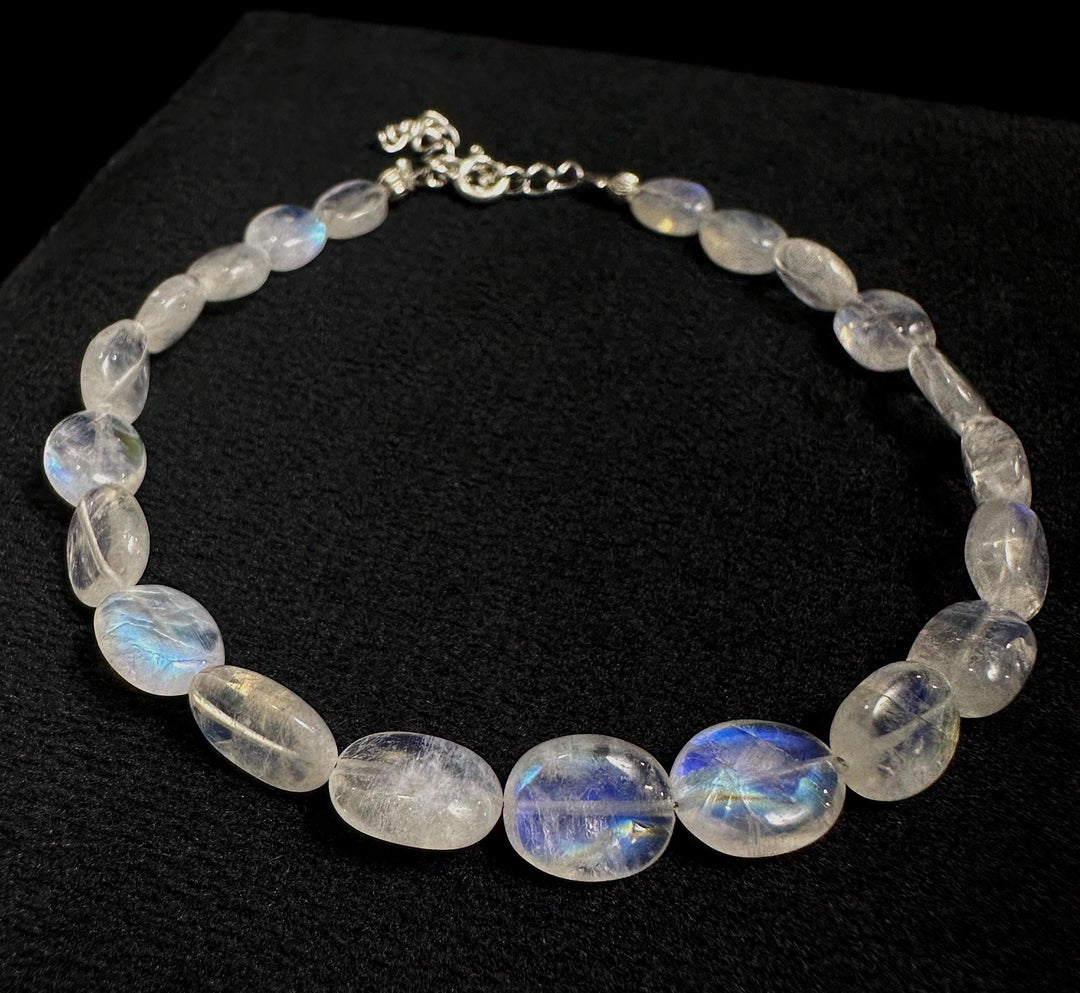 AAA+ Rainbow Moonstone Beads Bracelet, Smooth Oval Shape Handmade Bracelet, Blue Fire Gemstone Jewelry, Silver Bracelet Best Gift For Her