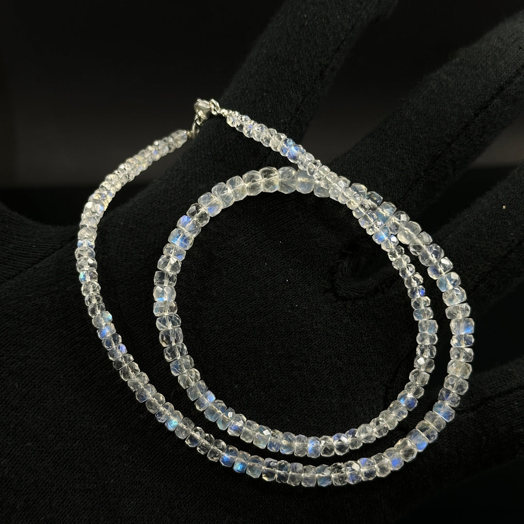 High Quality Rainbow Moonstone Beaded Necklace, Flashy Faceted Rondelle Beads Necklace, 4-6 MM Blue Fire Rainbow Gemstone Silver Necklace