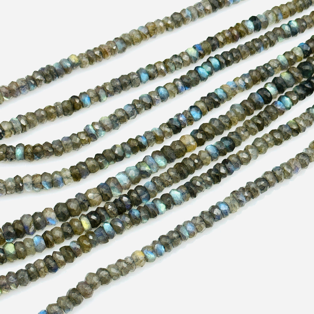 Flashy Labradorite Faceted Rondelle Beads, Natural Blue Fire Labradorite Beads, 4 mm MM Black Rainbow Beads, Wholesale Jewelry Making Beads